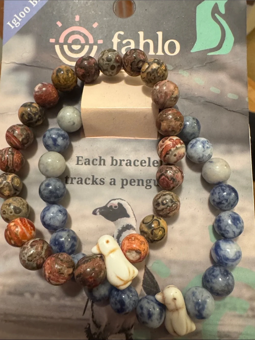 Fahlo Beaded Bracelet - Blue & Brown Penguin Tracker